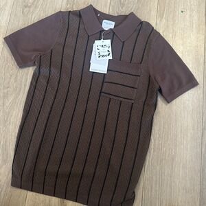 Refinery Republic Men's Polo Sweater Textured Striped Pocket Brown Rayon Small‎